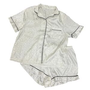 Women's White Leopard Satin Pajama Set Shorts + Button Down Top XL